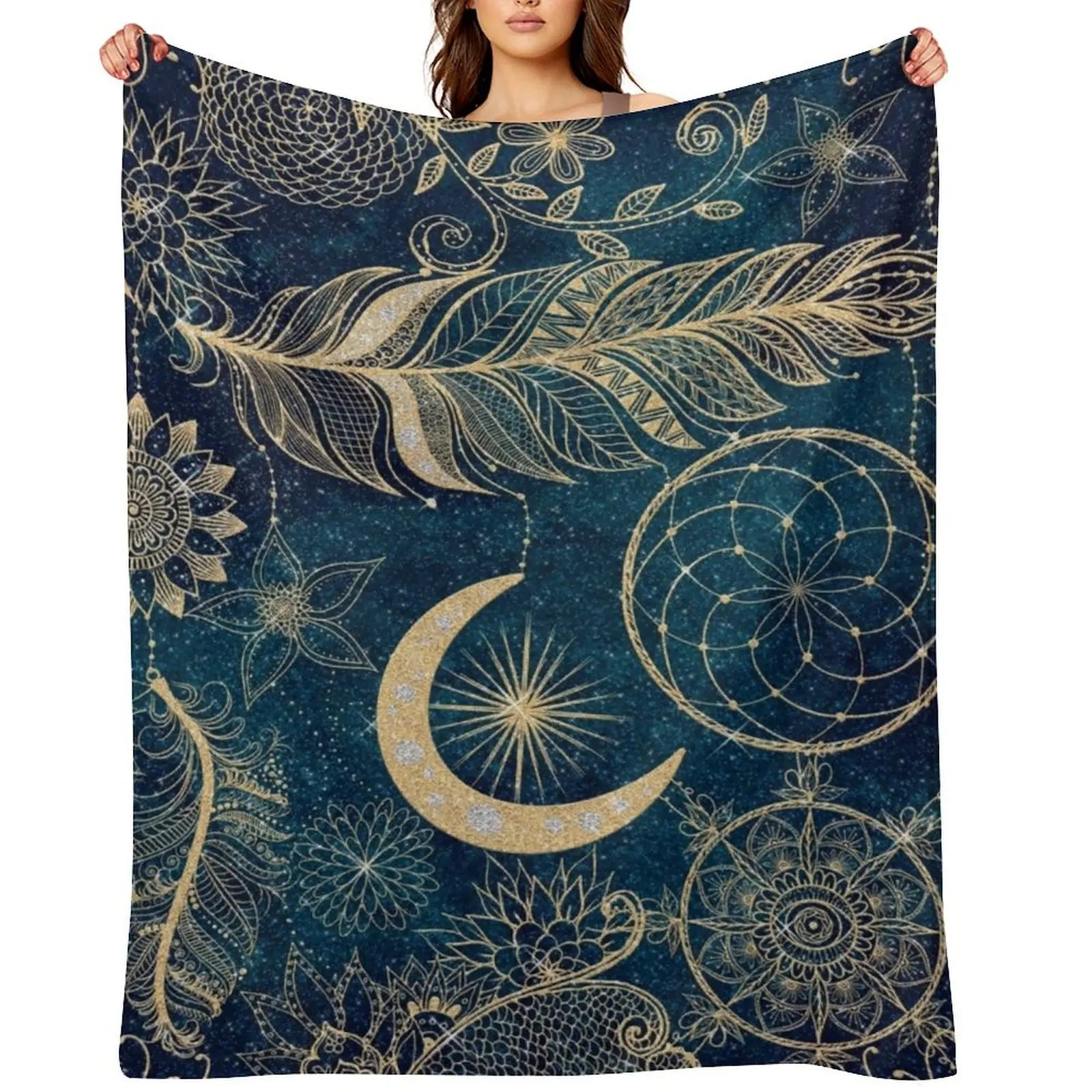 

Whimsy Gold Glitter Dreamcatcher Feathers Mandala Throw Blanket Thermal wednesday for babies Plush Blankets