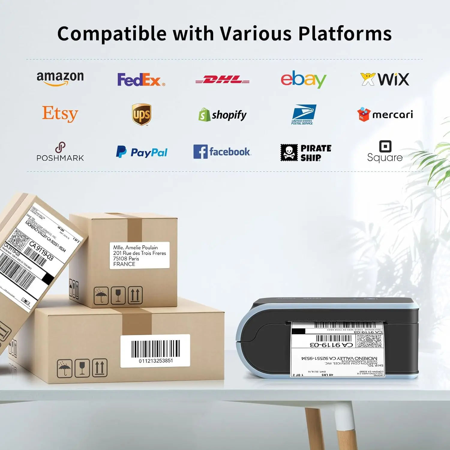 طابعة ملصقات حرارية بلوتوث، لاسلكية مع صندوق ورقي مدمج، متوافق مع iOS، Android، Windows، Mac، Chromebook