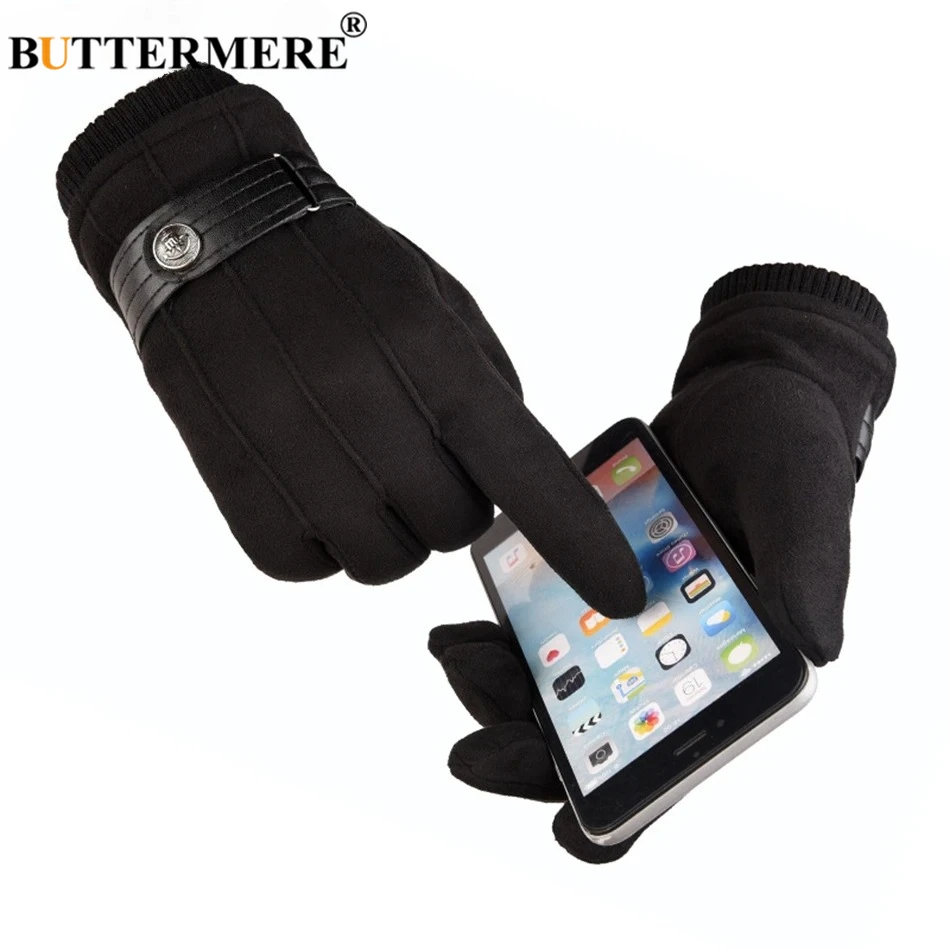 

Black Winter Gloves Men Thermal Khaki Suede Gloves with Buckle Touch Screen Male Coral Velvet Thick Windproof Mittens Warm New