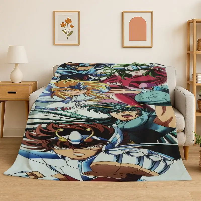 Retro Saint Seiya Anime Cartoon Flannel Blanket Soft Warm Throw Blanket for Bedroom Living Room Bed Travel Camping Picnic Gift