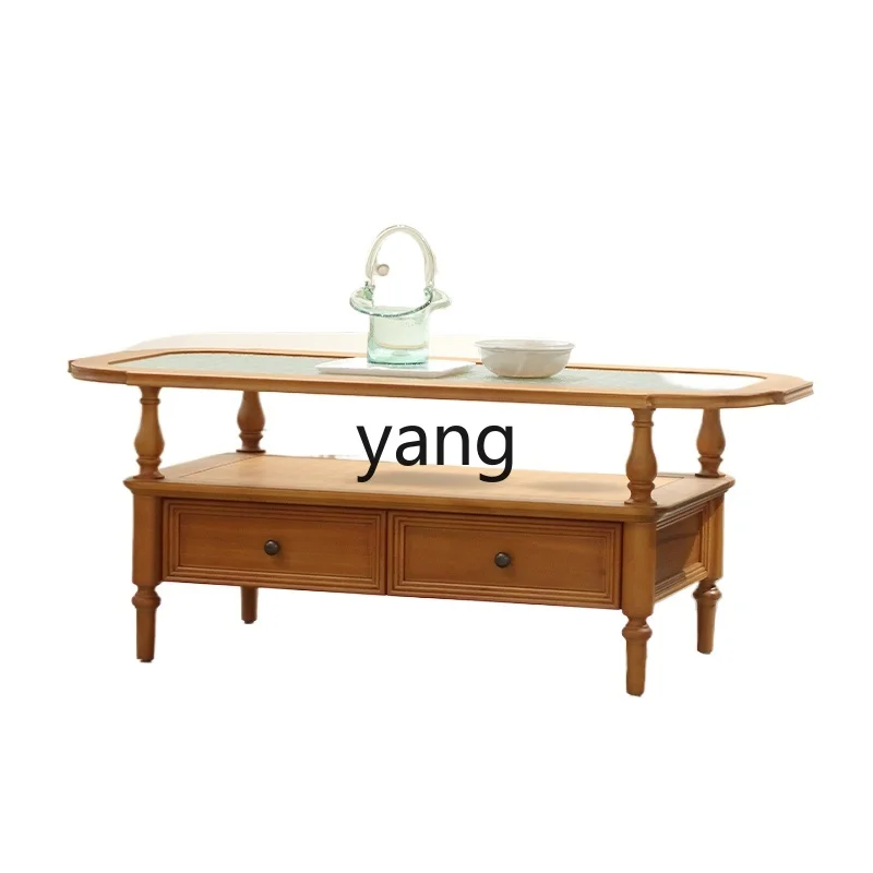 

TGF American retro dark brown coffee table French old household solid wood carving begonia tempered glass storage coffee table