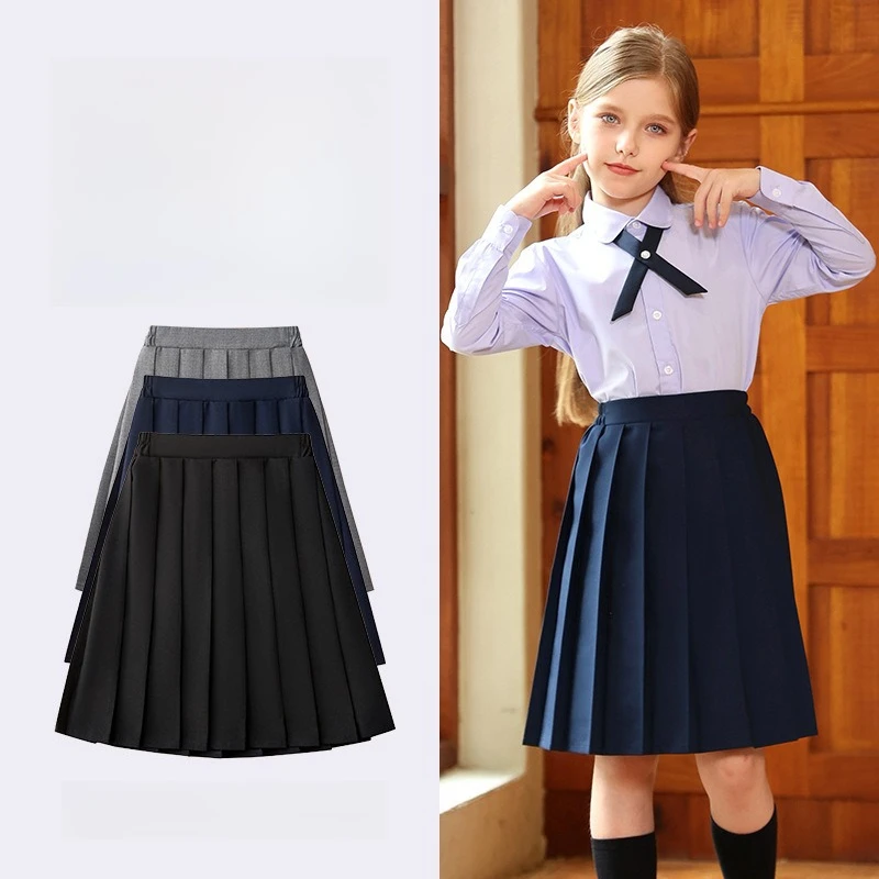 Girls Pleated Skirt Kids Preppy Style Uniform Skirt Navy Blue A‑Line Midi Skirt for Primary School Students Party Daily Wear