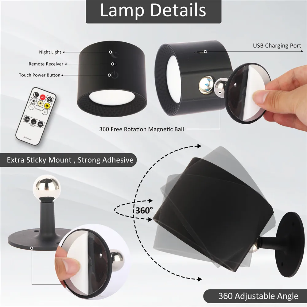 Magnetic Charging Bedroom Bedside Reading Light LED Touch Remote Control 360 Degrees Rotating Decorative Wall Lamp