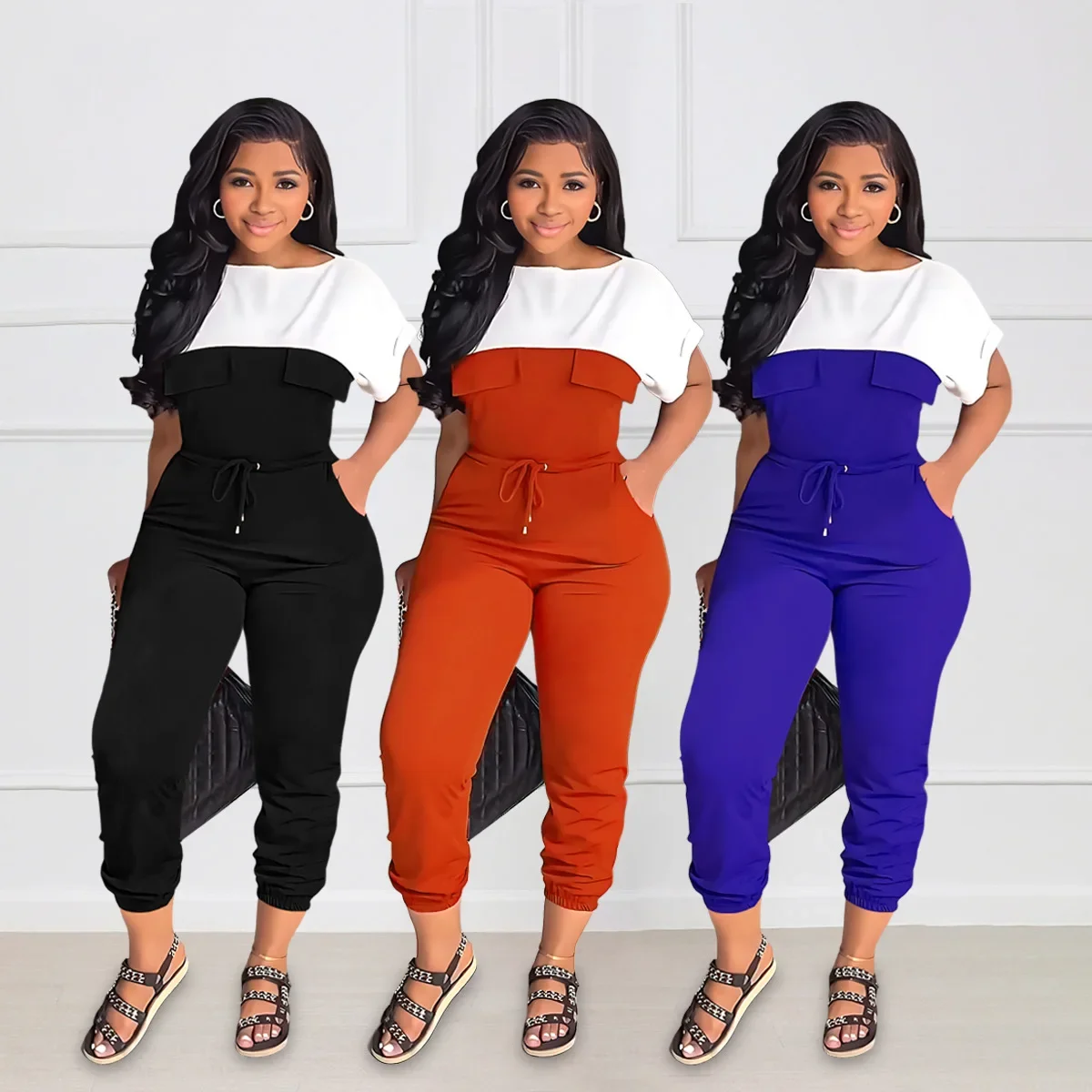 10182 Cross-Border European American Amazon Slims Women's Waist-Fitted Commute Short Sleeves Color Block Leggings Jumpsuit