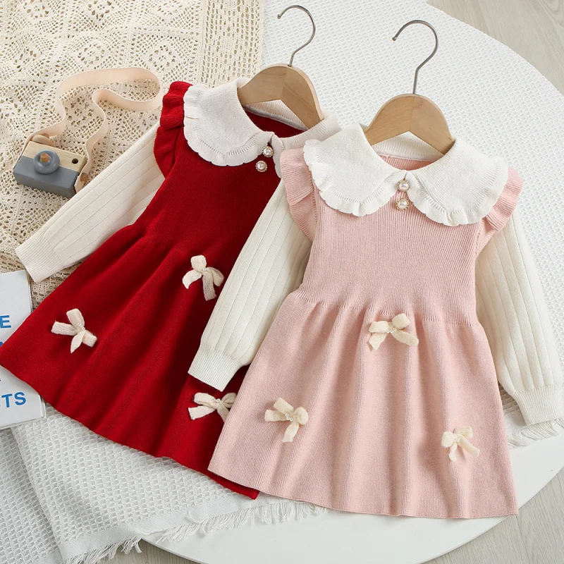 

Girls' New Spring and Autumn Dress Doll Collar Cute Princess Dress Long Sleeve Bow Sweet Sweater Dress