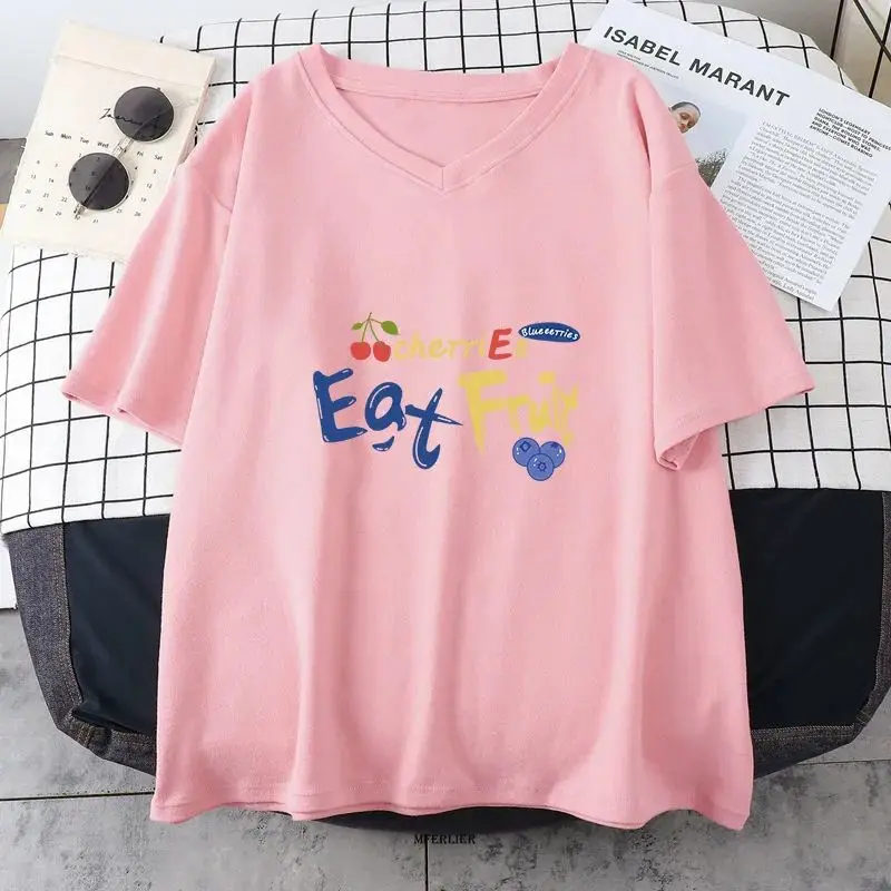 Large Size 6XL 150kg Summer Women Cotton T-shirt V Neck Short Sleeve Big Tops & Tees Casual Letter T-shirts