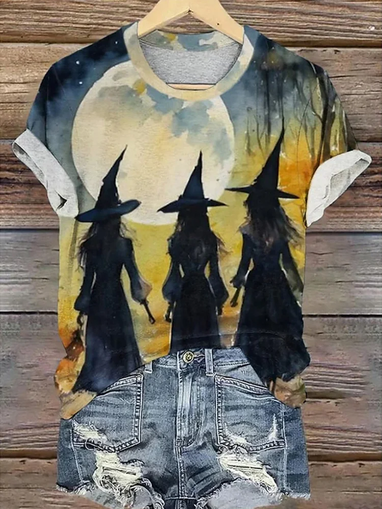 2025 Witch Print Women's Short-Sleeve T-Shirt Summer Casual Crew Neck T-Shirt Trendy Streetwear Top Halloween Costume
