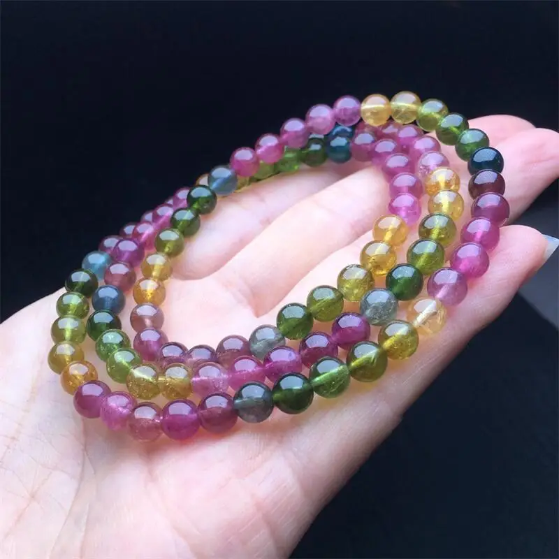 6.5MM Natural Colored Tourmaline Triple Circle Bracelet Women Fashion Charm Crystal Healing Energy Yoga Jewelry 1PCS