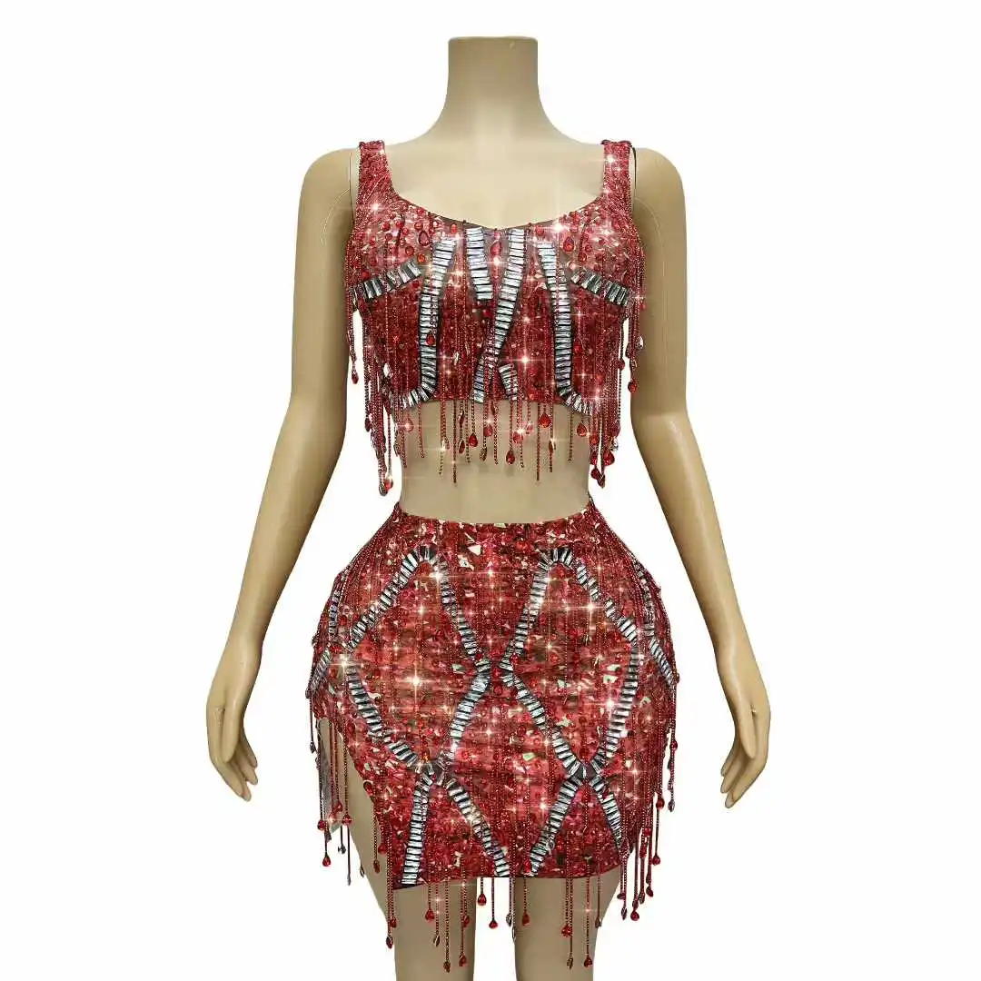 섹시한 호박 인쇄 깜박이는 라인스톤 크리스탈 프린지 의상 탑 스커트 할로윈 의상 파티 쇼 사진 촬영 무대 의상