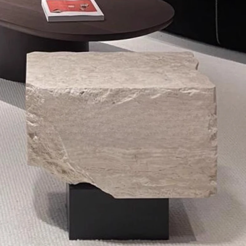 

wabi-**** wind travertine edge, designer model room, sofa side, special-shaped creative bedside, solid wood corner