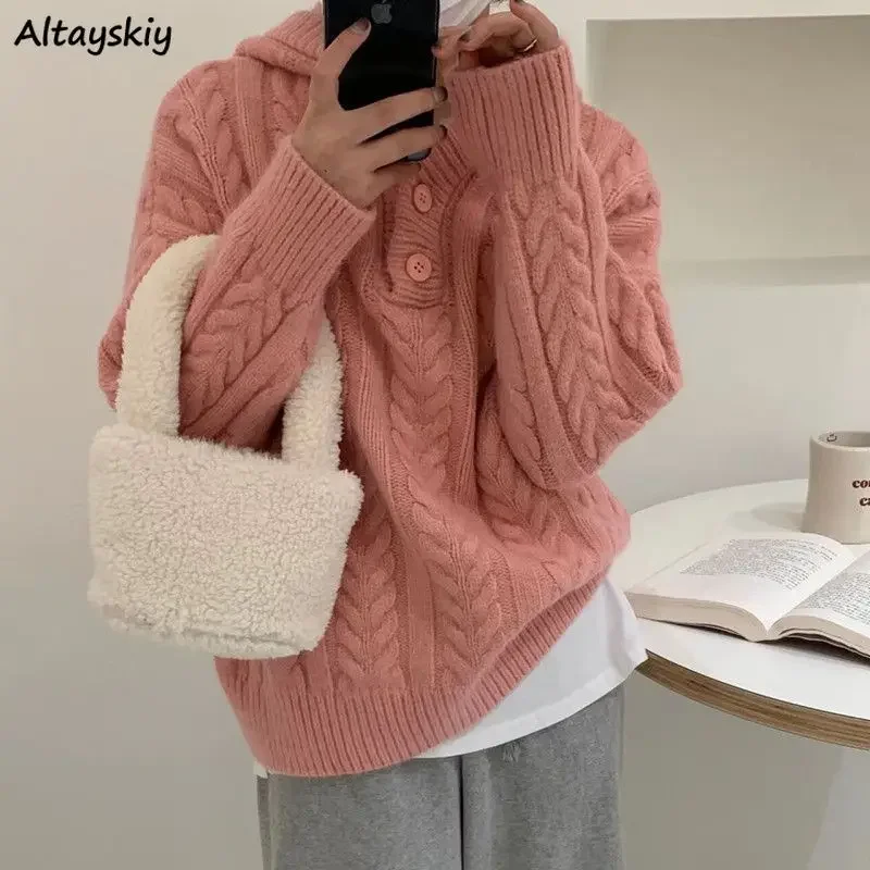 

Y2k Hooded Pullovers Women Sweet Knitted Harajuku Sweaters for Girls Autumn Winter Youth Vintage Baggy Fashion Chic Twist Design