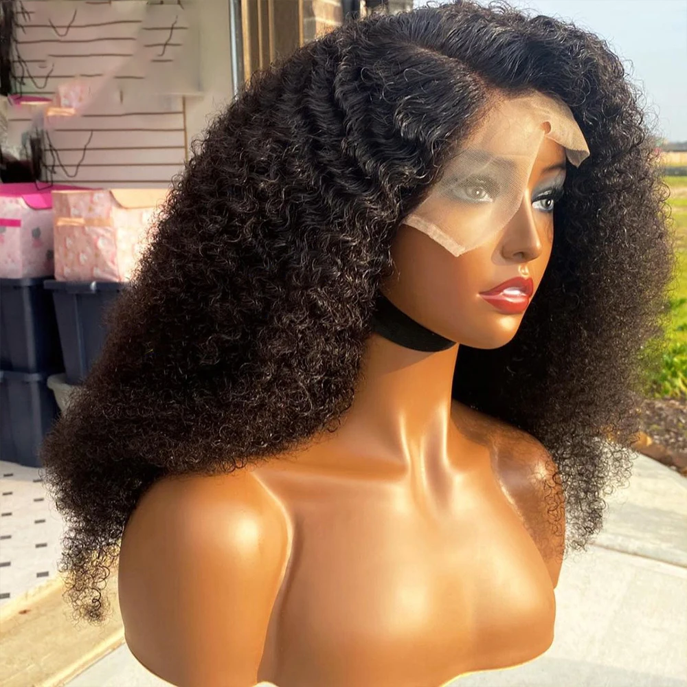 Soft Natural Black 26 Inch Long Kinky Curly 13x4 Lace Front Wig For Women With BabyHair 180%Density Preplucked Glueless Daily