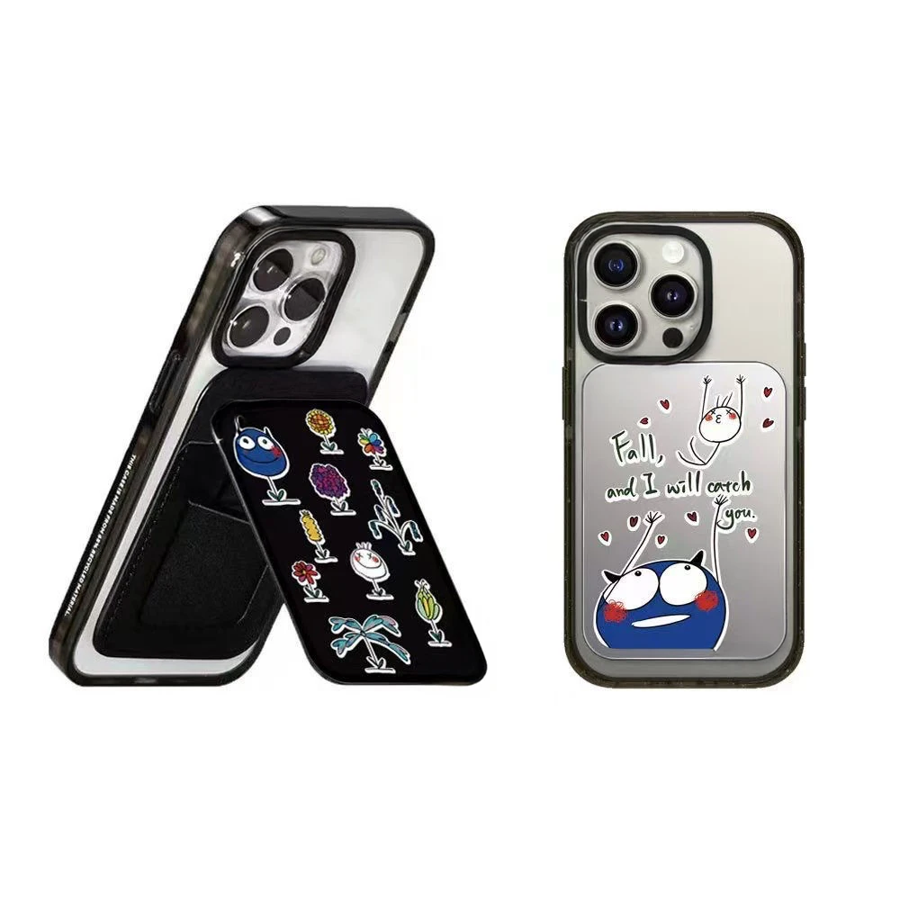 

Cartoon Flower Lovers Magnetic Folding Black Phone Stand for IPhone 12 13 14 15 16 Pro Max Holder Mount Support for S25 Ultra