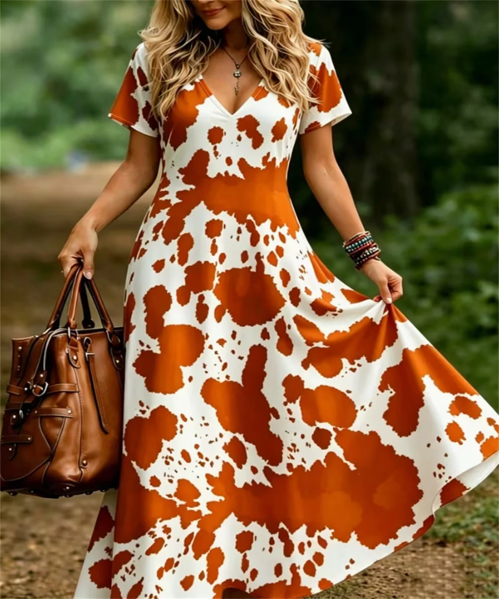 Ladies' summer new irregular splashed ink cow spot print dress, elegant casual long sleeved V-neck short sleeved shirt
