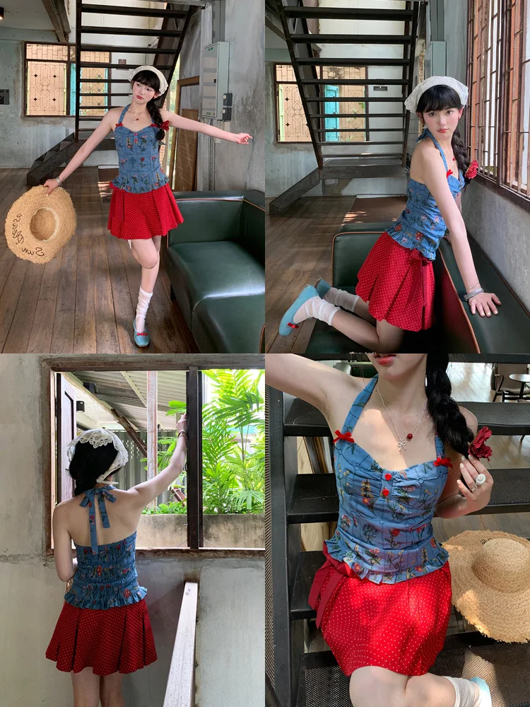 

Красная юбка в горошек женская летняя новая, не просвечивающая, приталенная, с высокой талией, из полиэфирного волокна