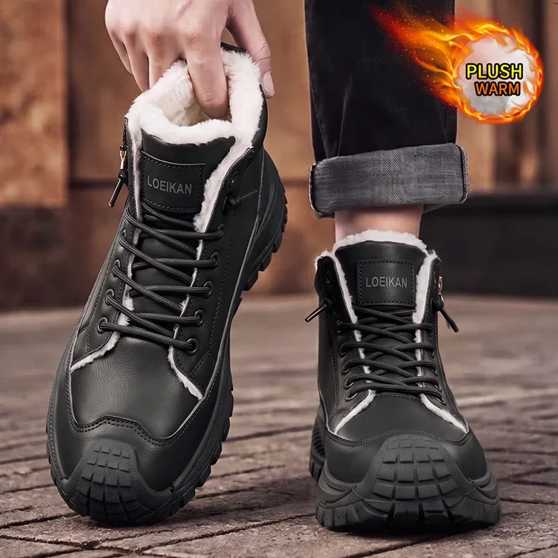 Herren-Winterstiefel mit warmem, flauschigem Innenfutter, hoher Schaftweite, strapazierfähiger Sohle und Schnürung, ideal zum Wandern und für Outdoor-Aktivitäten im Winter. – Detail 2