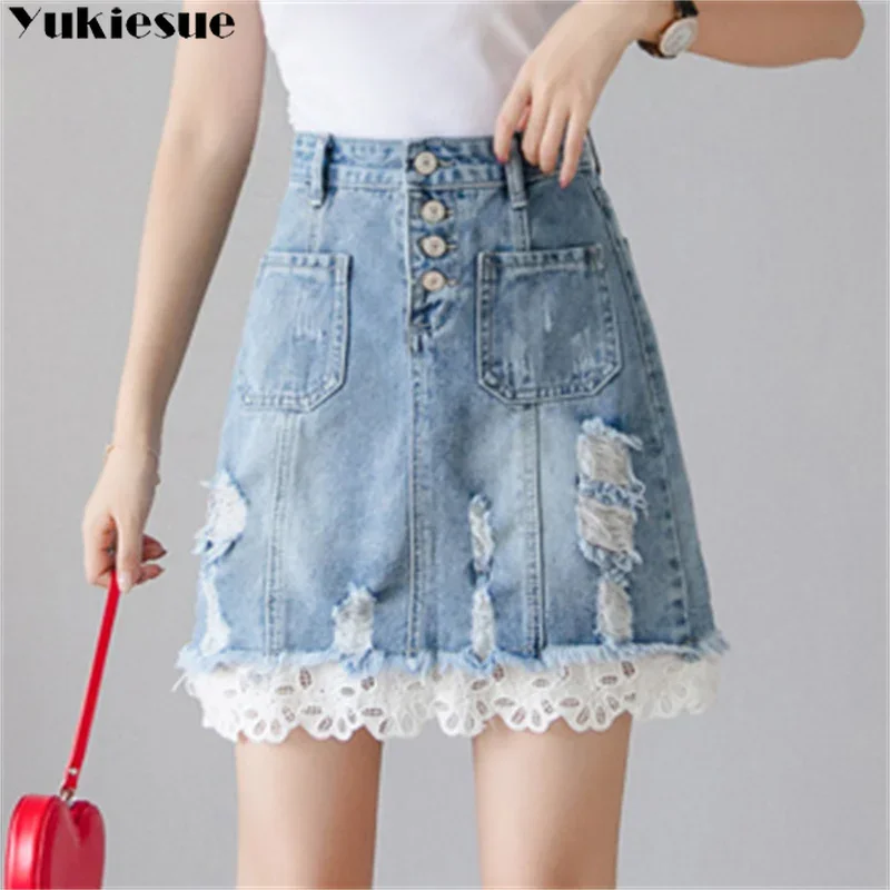 2023 春夏の新女性デニムスカートハイウエストレーススプライス裾レディースエレガントなミニジーンズスカートシングルブレストポケット