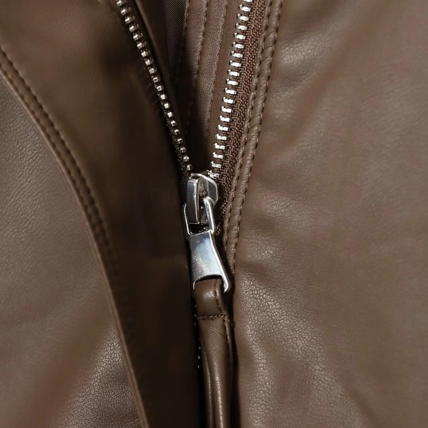 Faionable Street Sle Women's Leather Jaet Double Zipper Stand Collar Basic Model ZR Trend ort Outerwear Coat