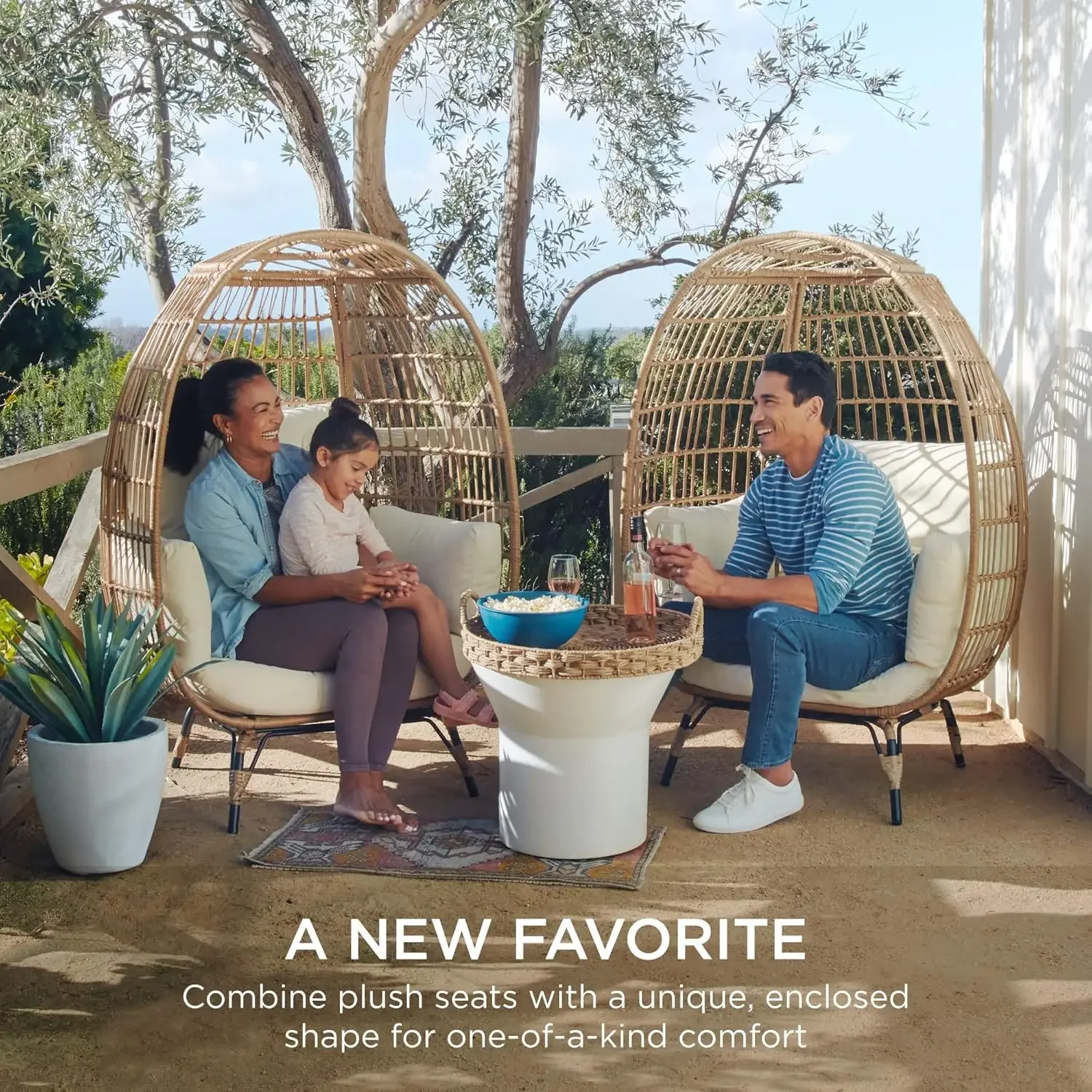 

Wicker Egg Chair, Oversized Indoor Outdoor Lounger for Patio, Backyard, Living Room w/ 4 Cushions,