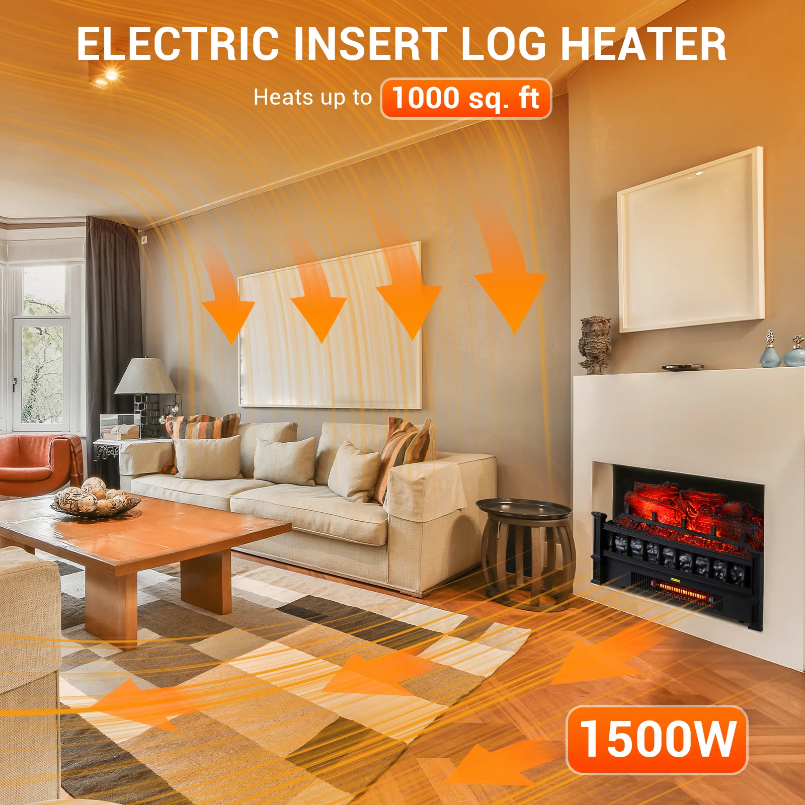lectric Fireplace Log Insert Heater 20 in 1500W Freestanding Indoor Space Heater  Crackling Sound  Thermostat Knob Control  5 Flame Brightness Levels  Overheat Protection   Realistic Faux Firewood