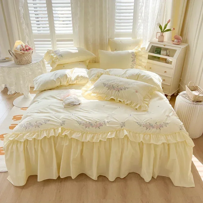 Vintage Nordic Pastoral Artistic 100% Cotton Ruffles 4Pcs Bedding Set Plant Pattern Quilt Cover Linen Pillow Shams pink sheet