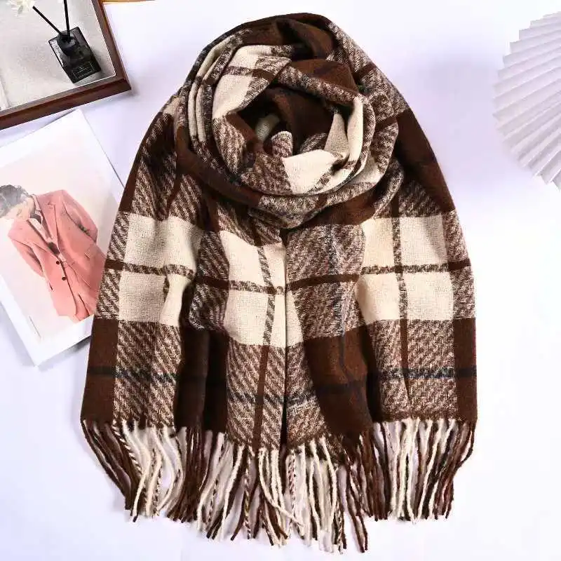 

2025 Plaid Faux Cashmere Scarf Women Men, Autumn Winter Thick Warm Knitted Shawl, Fringe Hijab Warm Thickened Hair Wrap