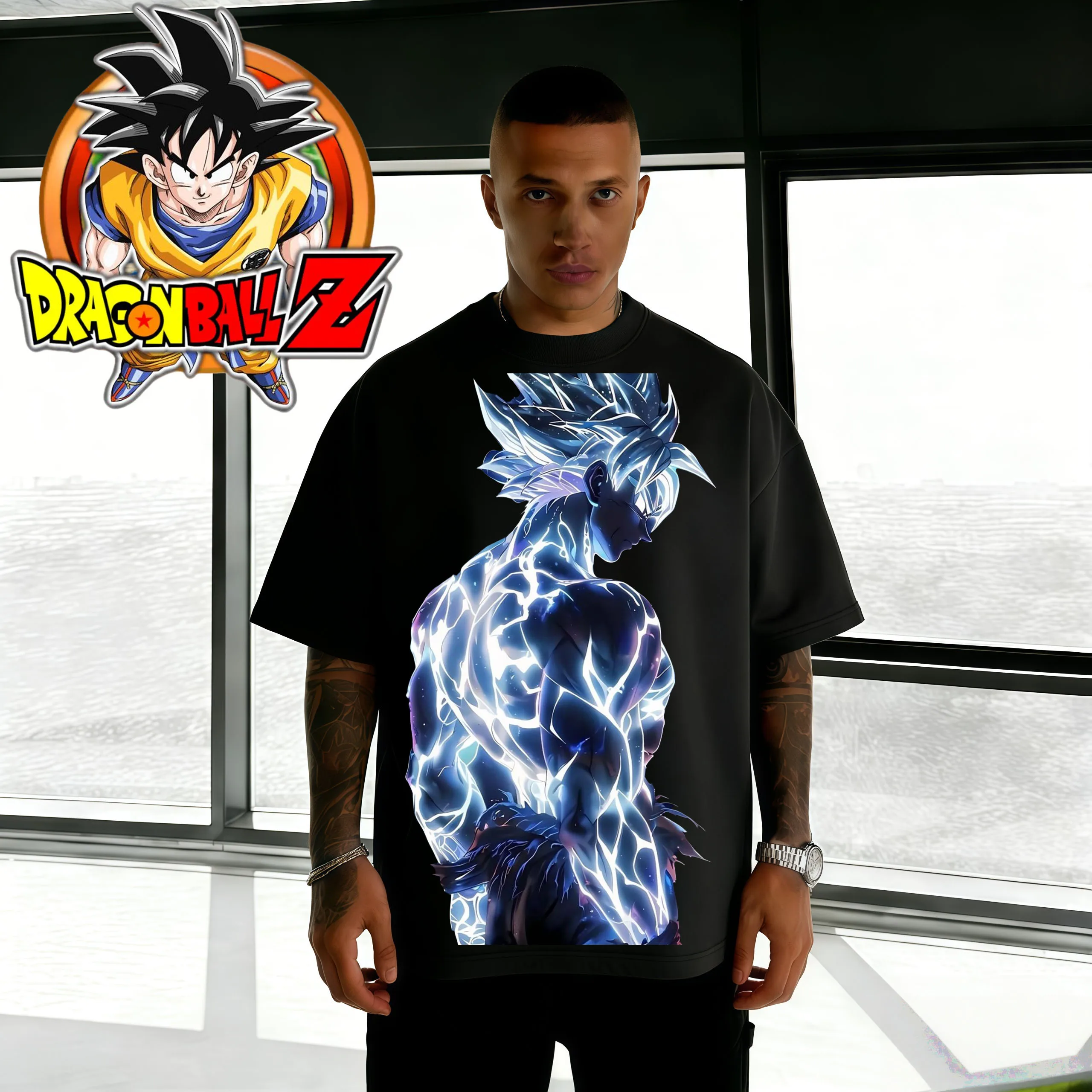 2026 Sommer Dragon Ball Saiyan Blue Goku Oversized T-Shirt Hochwertig 100% Baumwolle Retro Casual Blitz-Grafik-Print