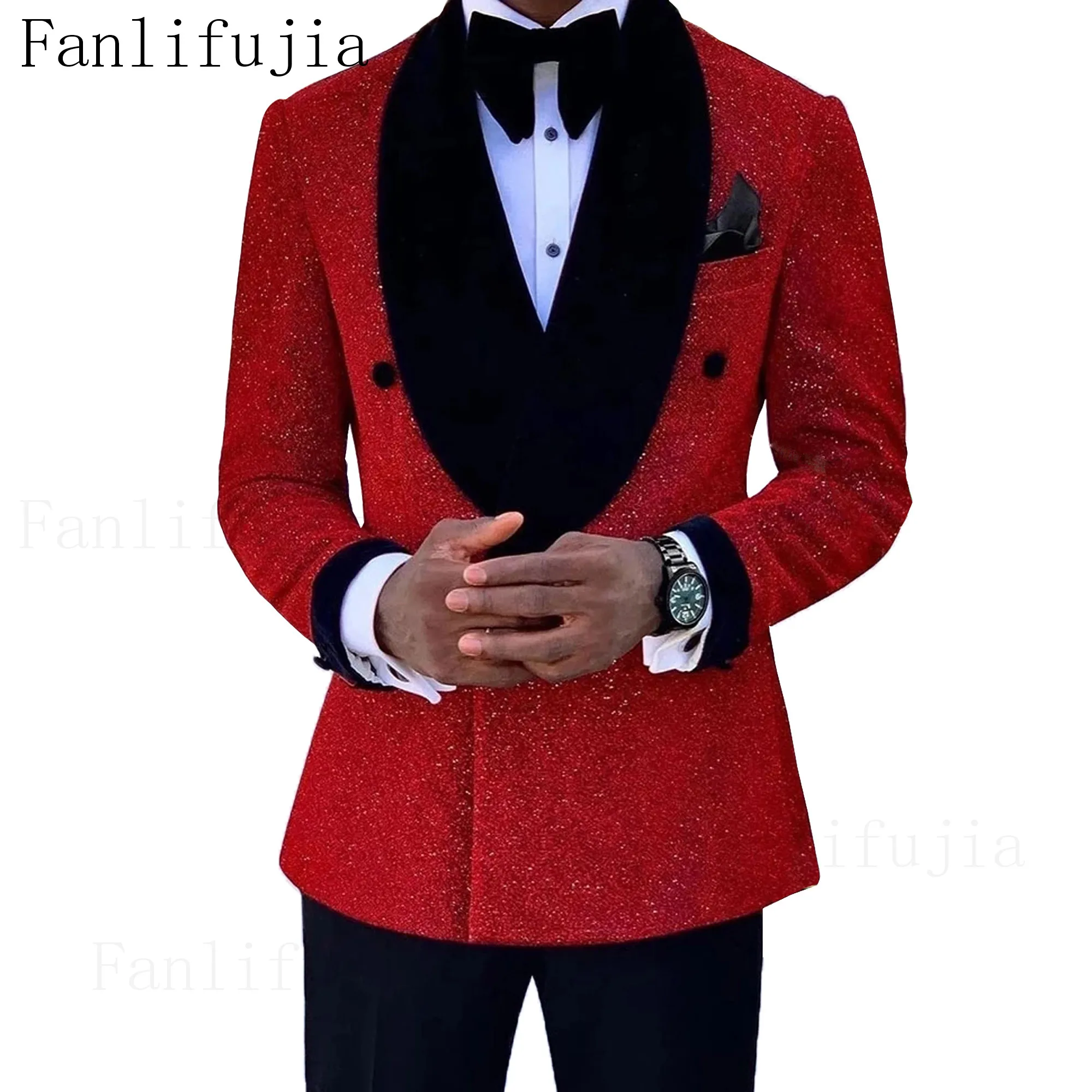 Fanlifujia Luxury Red Glitter Suits Men Groom Wedding Tuxedo Double Breasted Blazer Formal Evening Party Prom Dress 2 Pieces Set