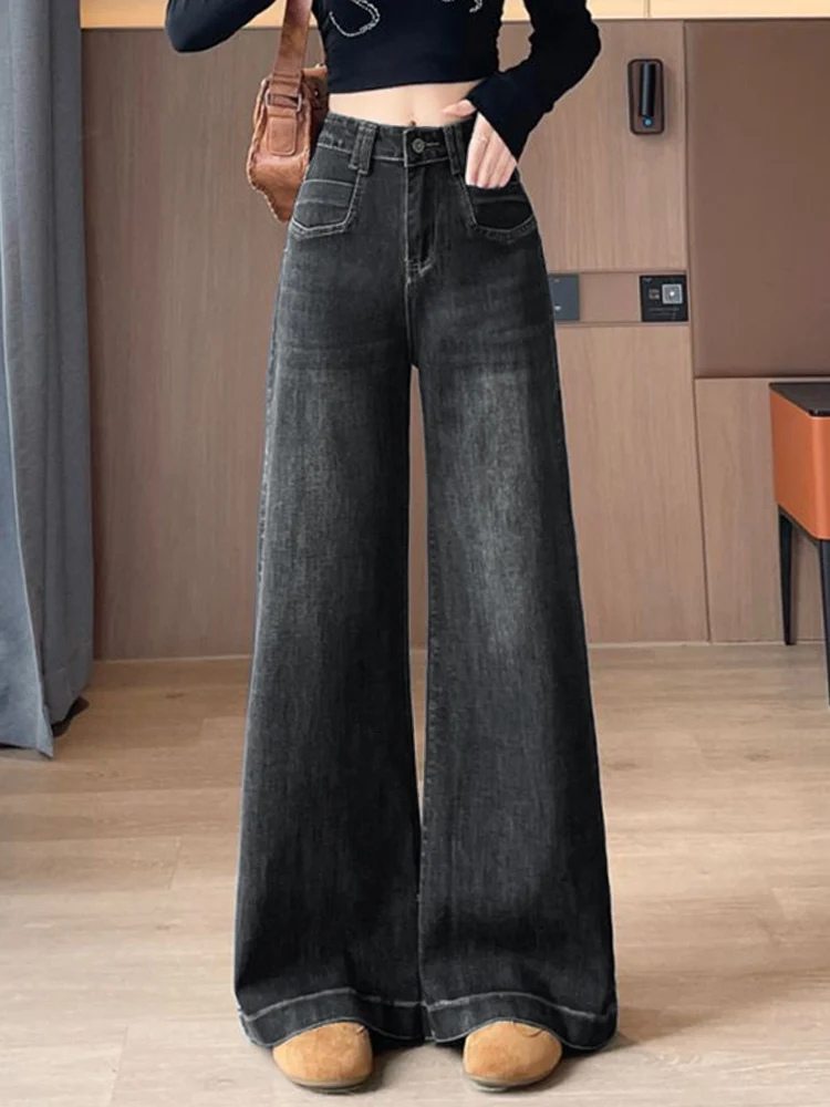 بنطلون جينز نسائي واسع الساق بتصميم ريترو أزرق مبطن للشتاء بخصر عالٍ وقصة أنيقة مناسب للارتداء اليومي مصنوع من القطن