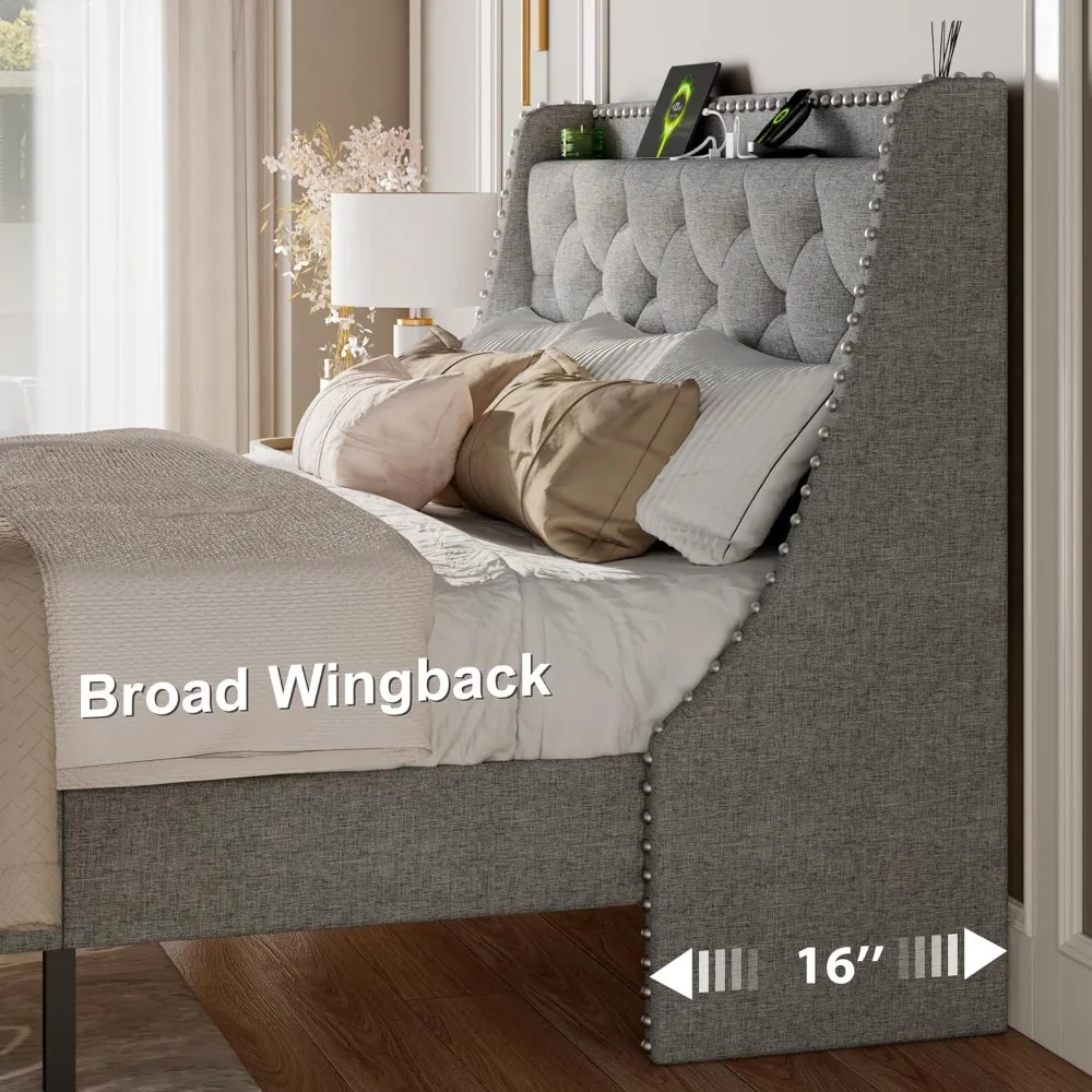 Luxury Wingback Full Size Bed Frame with Upholstered Button Tufted Storage Headboard and Fast Charging Station