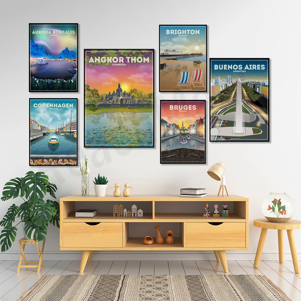 جبل طارق، إدنبر، فلورنسا، سريلانكا، الدنمارك، النرويج، بورا بورا، بلجيكا، كمبوديا أنغكور وات، ملصق سفر جزيرة كابري