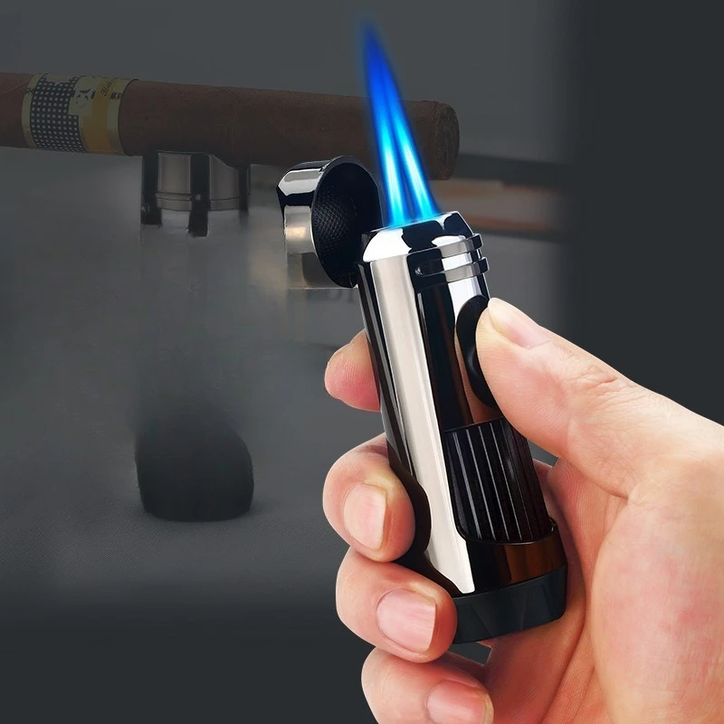 New Portable Dual Straight Blue Flame Inflatable Windproof Lighter with Cigar Hole Drill High-end Cigar Specific Jet Lighter