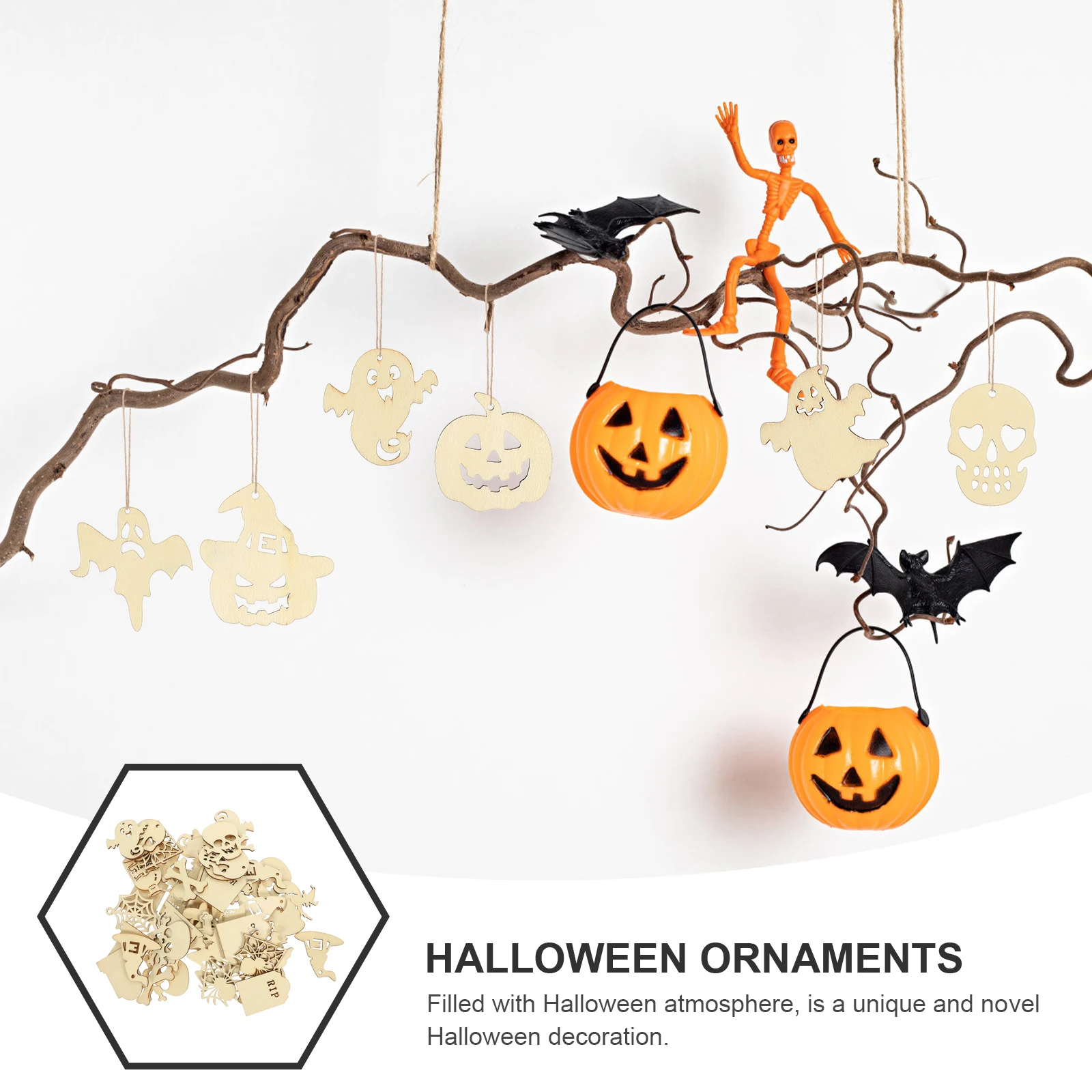 

50pcs Wood Craft Halloween Pendants Home Decor Ornament Party Layout Wooden Hanging Chic Sewing Accessories