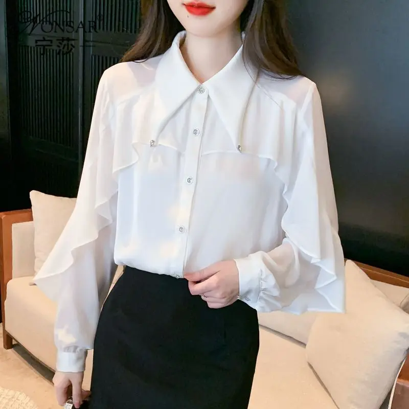 White Long Sleeved Chiffon Shirt for Women in Early Spring and Autumn 2024 New French Style Top