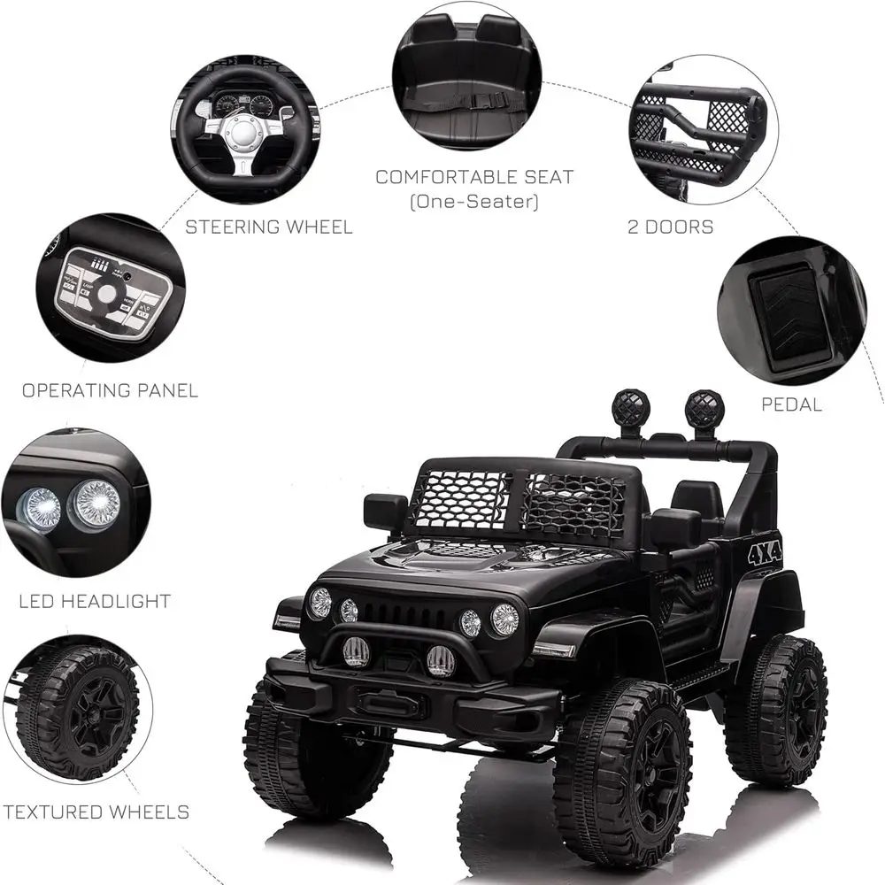 Camion da corsa per bambini 12V con telecomando per genitori, auto elettrica alimentata a batteria con sospensione a molla, velocità regolabile, nero