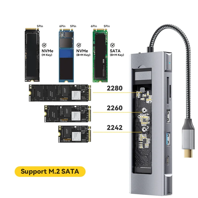 Eight In 1 USB HUB With Disk Storage Function M.2 SSD Nvme SATA Type-C To -Compatible USB C Dock Station For Laptop Durable-