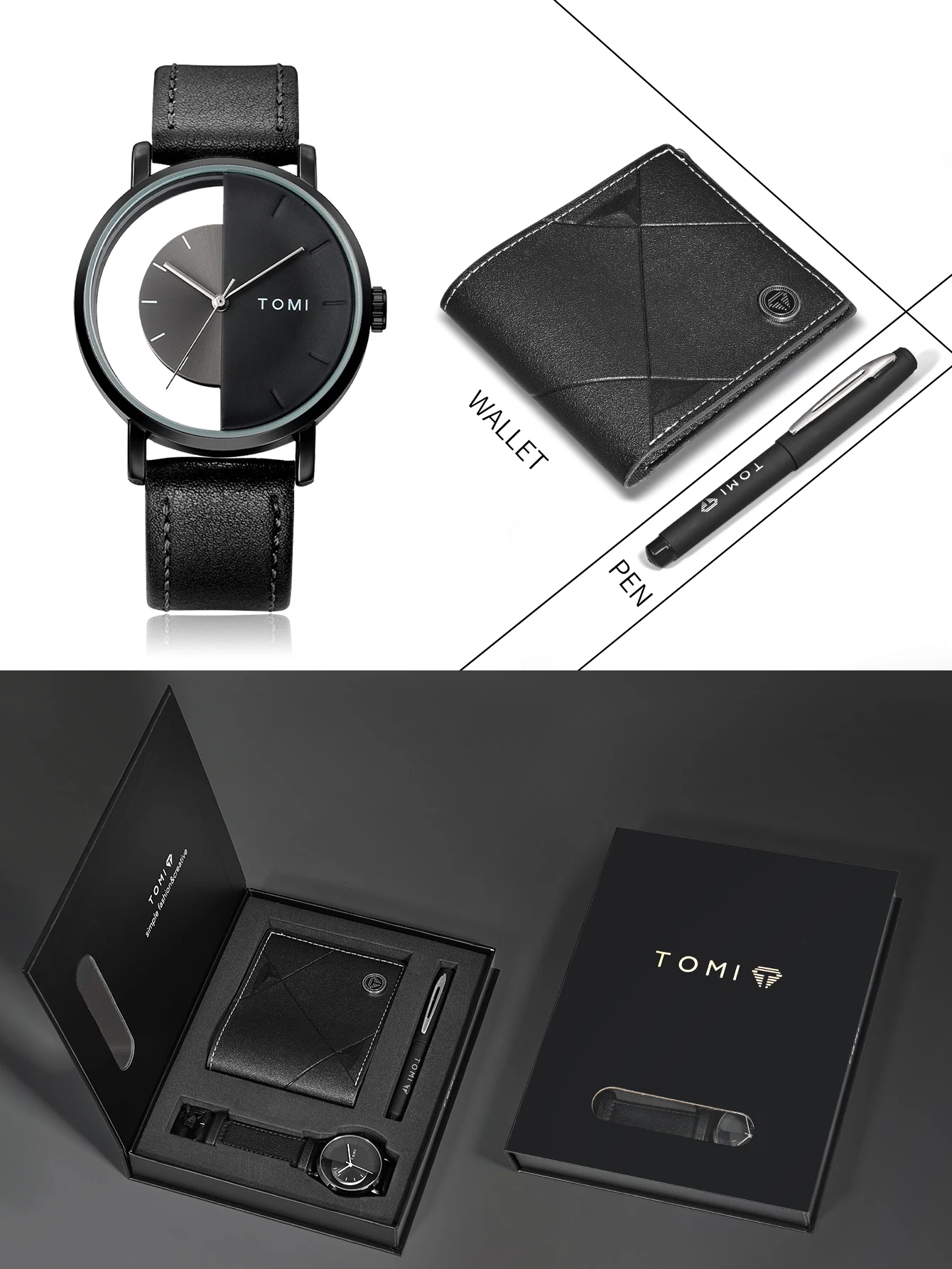 TOMI 3PCS Luxus Business Geschenk Box Set Männer Uhr Brieftasche Einfache Freizeit Kreative Hohl Zifferblatt Männer Quarzuhr Uhr uhr Geschenke – Detail 1