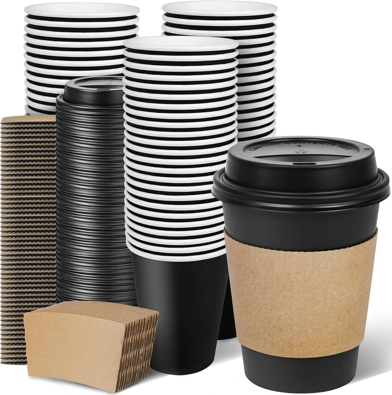 

100 Pack 12 oz Disposable Coffee Cups with Lids and Sleeves, To Go Leak-Proof Black Paper Cups for Picnics, Parties, Tra