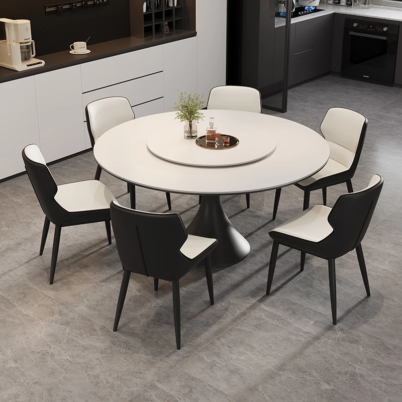 Italian minimalist round monochrome slate dining table and chair combination Modern home with turntable table