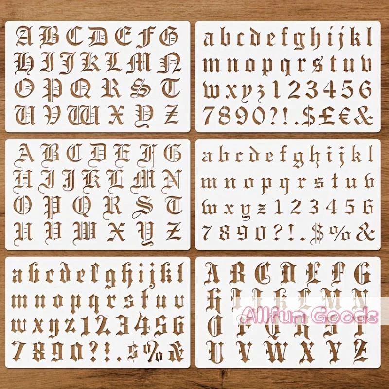 [TG835]Gothic Calligraphy Stencil, 6-Pack Reusable Old English Letter Number Template For DIY Painting, Craft, Scrapbooking