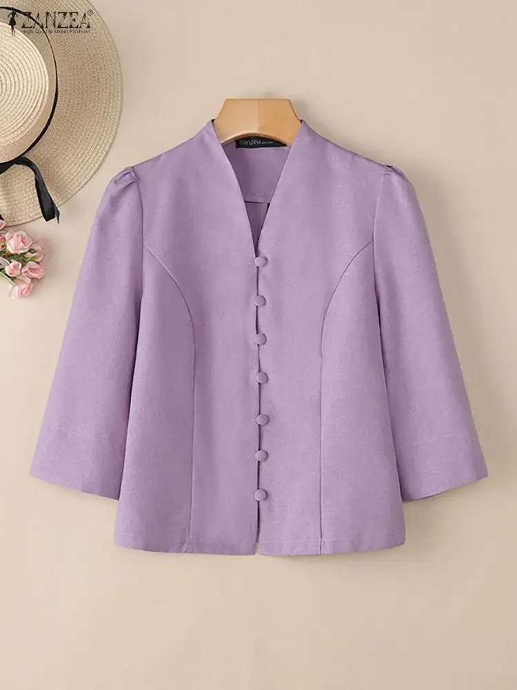 ZANZEA Elegant Autumn V Neck Office Shirts Women Blouse Trend 2025 Stylish 3/4 Sleeve Slim Fit Tops Solid Buttons Blusas Chemise