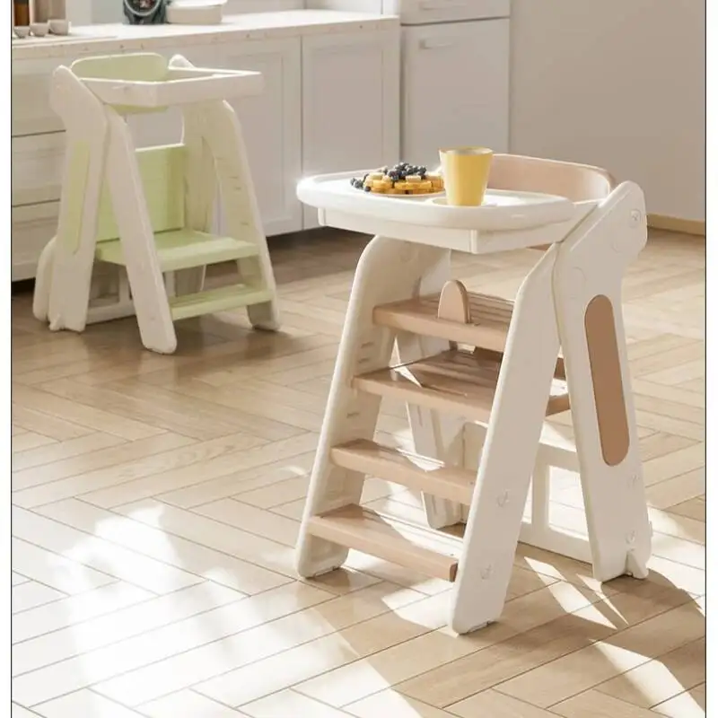 子供用多機能椅子 プラスチック製折りたたみベビーシート 幼児用ダイニングハイチェア 高さ調節可能 取り外し可能なトレイ 安全ハーネス付き