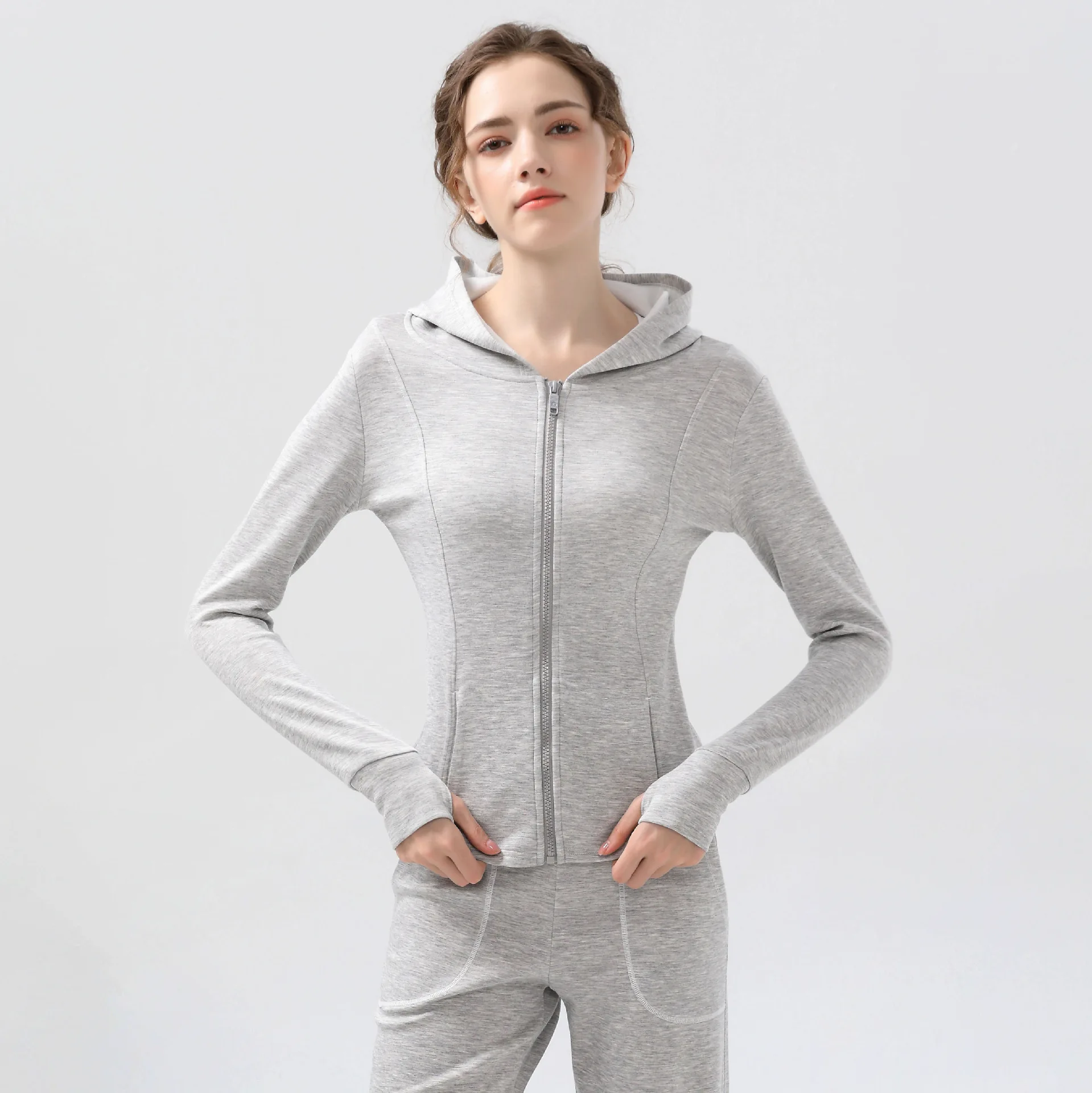 

Solid Color All-in-one Yoga Fitness Suit Women Gym Workout Sport Casual Set Long Sleeve Hooded Jacket+Loose Pant Two Piece Set