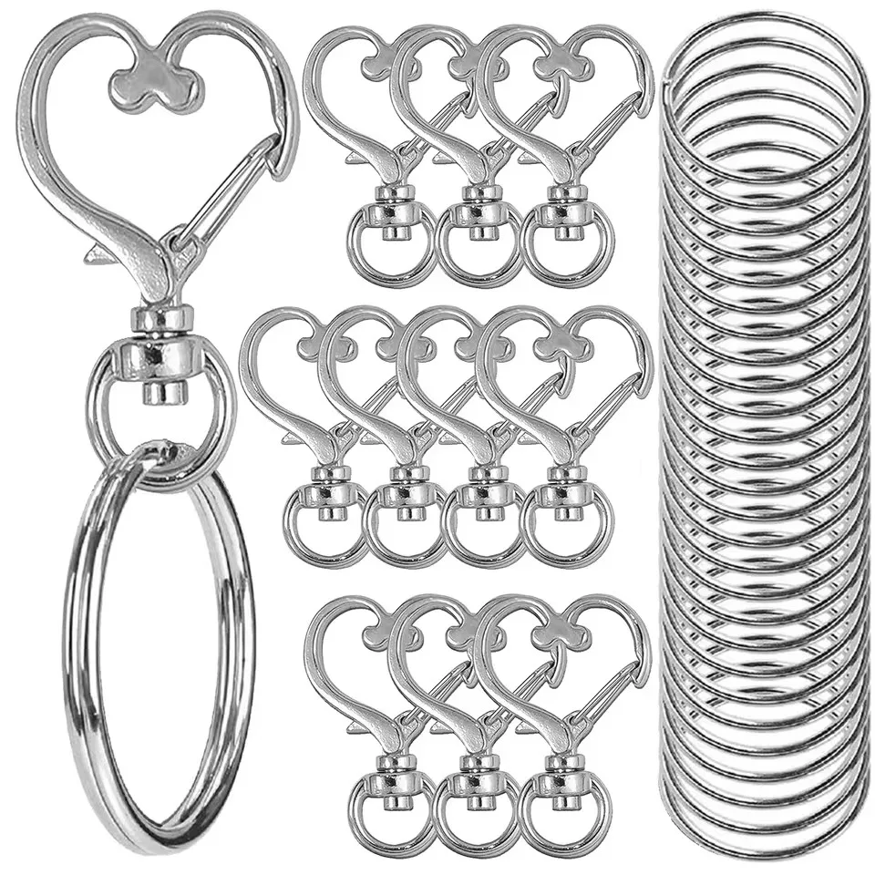 20pcs Heart Shaped Swivel Snap Hooks with Key Ring Metal Keychains for Keychain Lanyards Charms Jewelry DIY Crafts Accessories
