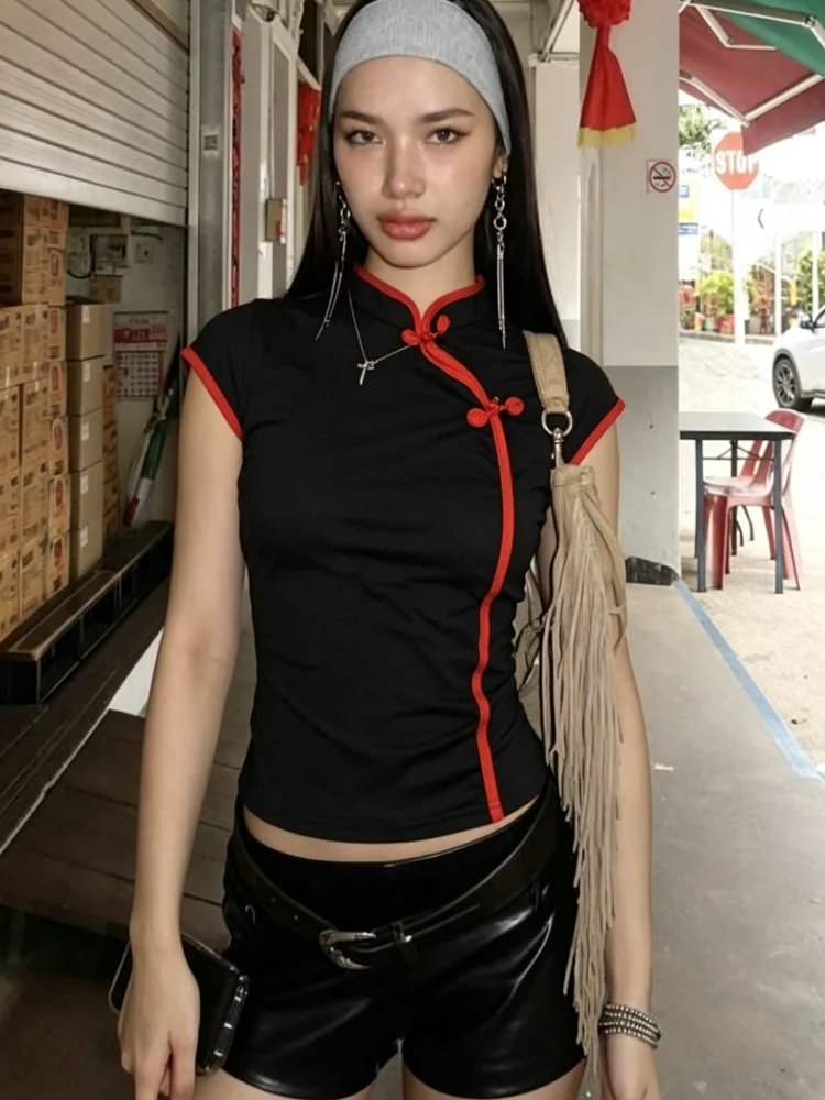 Republic Style Black Red Binding Sleeveless Cheongsam Blouse Traditional Frog Button Slim Waist Casual Streetwear Top