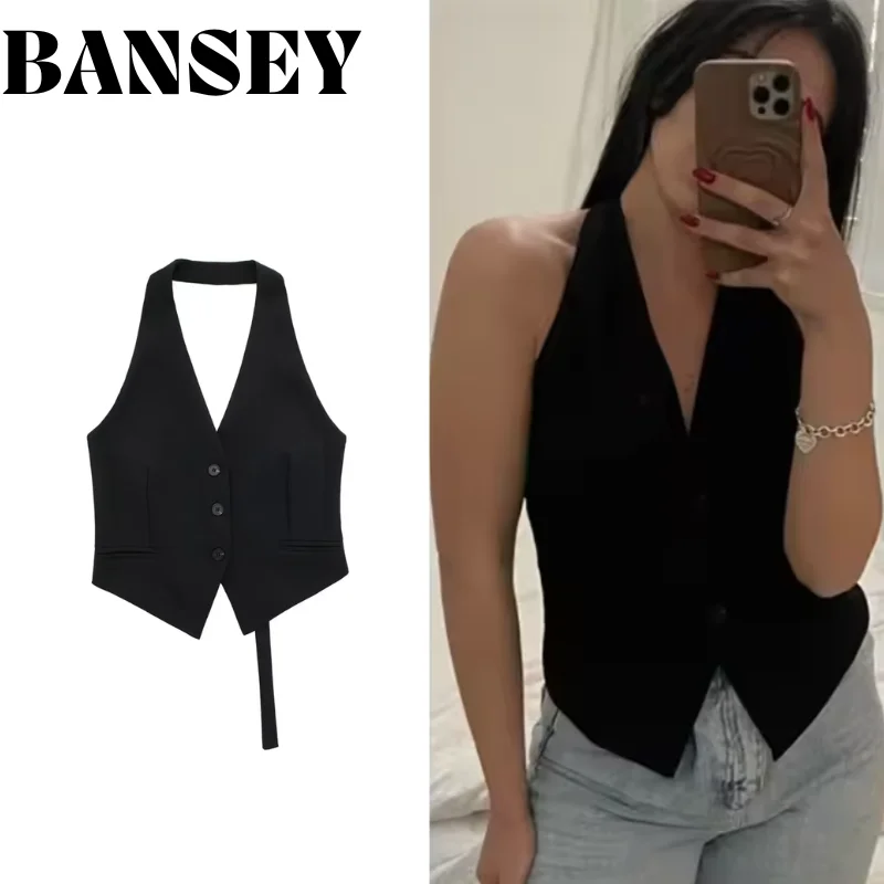 

2025 Women's Fashion Off Shoulder Sleeveless Cropped Vest Backless Design V Neck Short Summer Waistcoat Daily Outfits