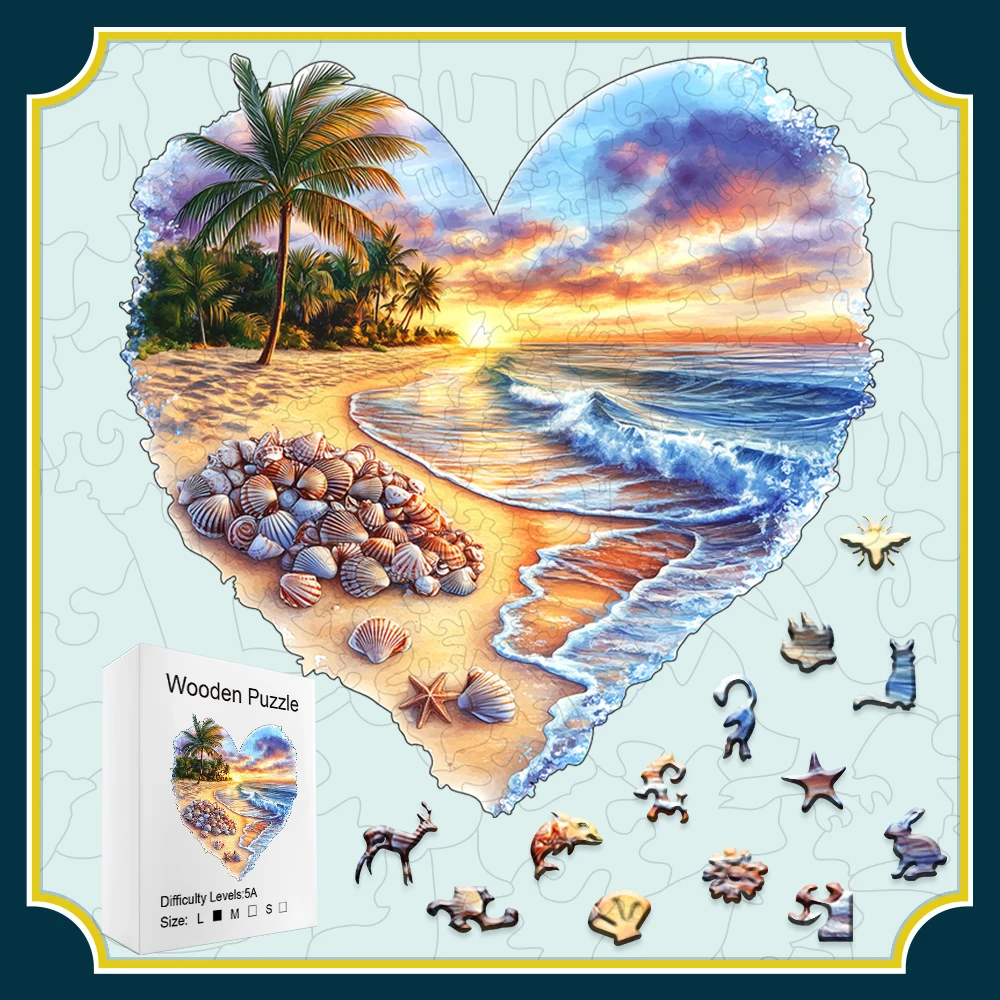 Heart-Shaped Shell Beach Wooden Puzzle | Premium Handcrafted Brain-Teasing Game with Irregular Animal Shapes | Luxury Cardboard