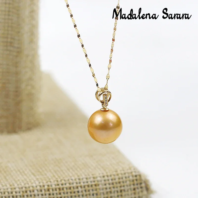 DSHIJOJ 10-11mm AAA Natural Yellow Southsea Gold Pearl 18K Pendant Women Necklace Au750 Made Diamond Inlaid