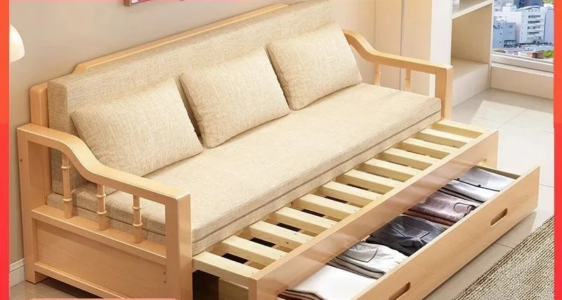 Solid Wood Beech Sofa Bed Foldable Convertible Couch for Small Apartment Living Room Modern Simple Design Space Saving Guest