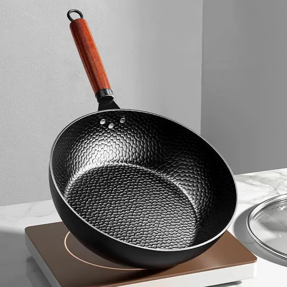 Wok de hierro profundo de 28 cm con mango de madera, sartén antiadherente de fondo plano, sartén sin recubrimiento